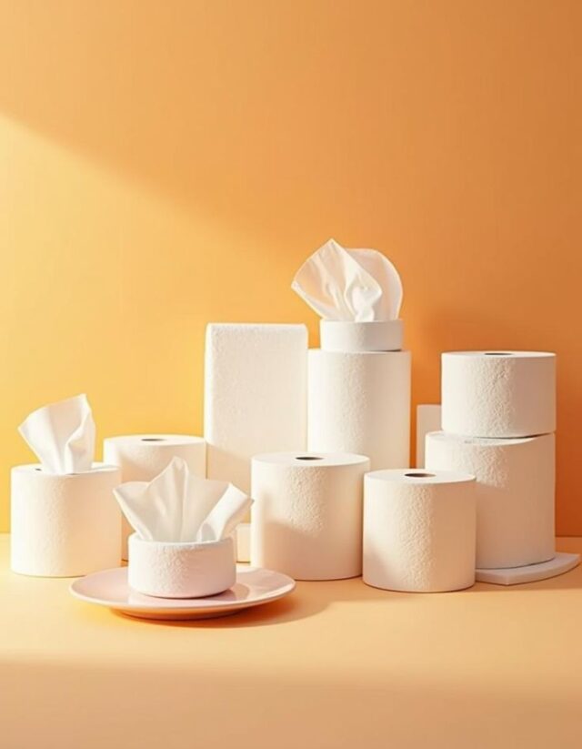 Assorted white tissue and paper rolls arranged on a warm orange background